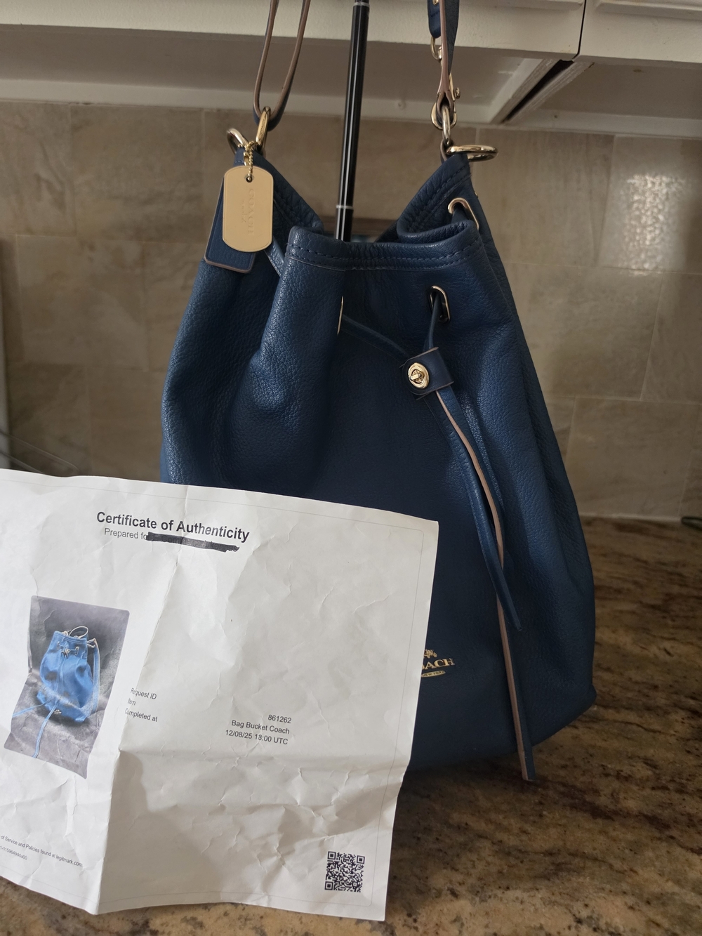 Coach Pebbled Leather Drawstring Bucket Bag in Navy EUC